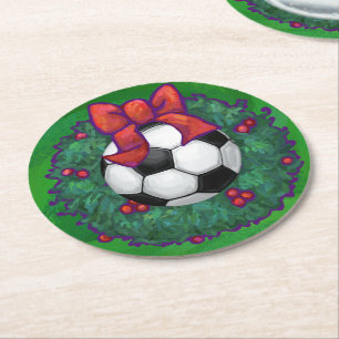 Voetbal kerstmis ronde kartonnen onderzetter