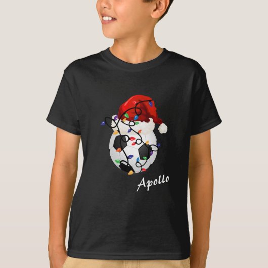 Voetbal Kerstverlichting Santa Hoed Childs Naam T-shirt (Voorkant)