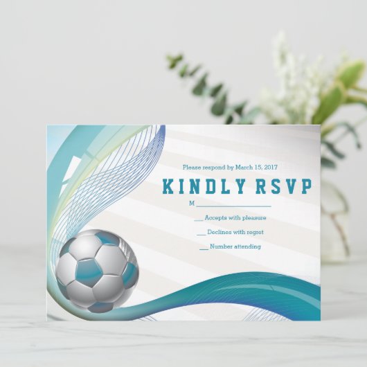VOETBAL MEISJE Aqua Bat Mitzvah RSVP-kaart Bedankkaart (Staand voorkant)