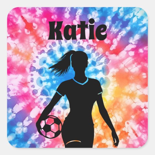 Voetbal Meisje Gepersonaliseerde Stropdas-Dye Rain Vierkante Sticker (Voorkant)