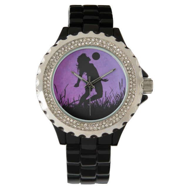 Voetbal Meisje Silhouette Maanlicht Horloge (Voorkant)