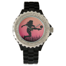 Voetbal Meisje Silhouette Mooie Zon Horloge