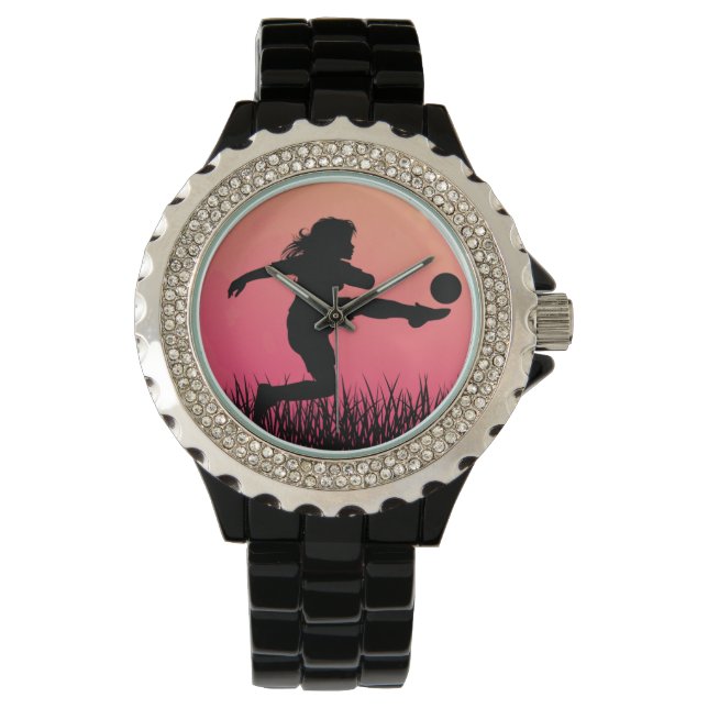 Voetbal Meisje Silhouette Mooie Zon Horloge (Voorkant)