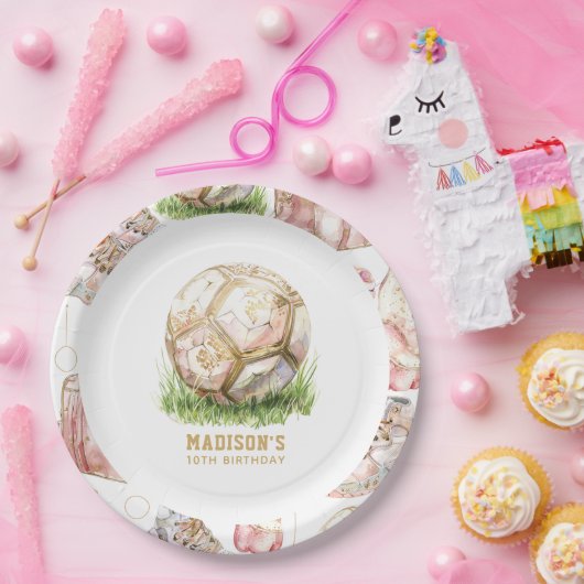 Voetbal meisje verjaardag gepersonaliseerd papieren bordje (Feest)