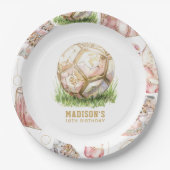Voetbal meisje verjaardag gepersonaliseerd papieren bordje (Voorkant)
