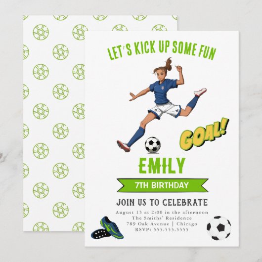 Voetbal Meisje verjaardag uitnodiging (Voorkant / Achterkant)