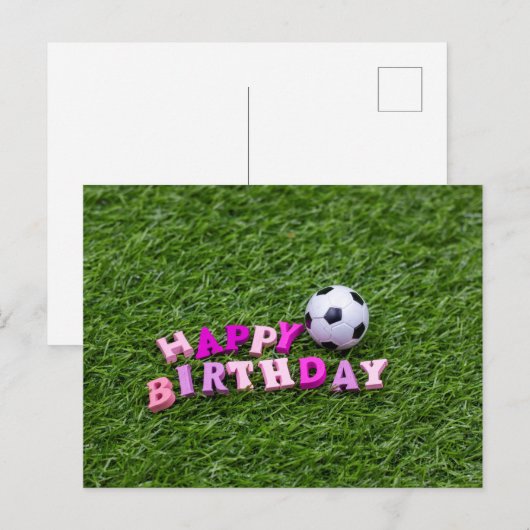 Voetbal met bal en gelukkig woord op de verjaardag briefkaart (Voorkant / Achterkant)