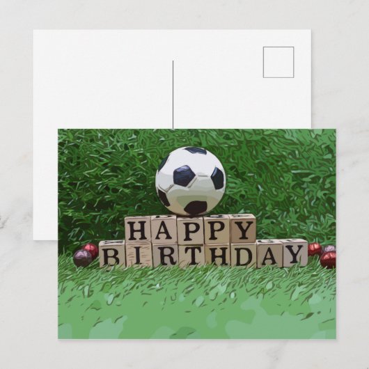 Voetbal met Happy Birthday woord op groene auto Briefkaart (Voorkant / Achterkant)