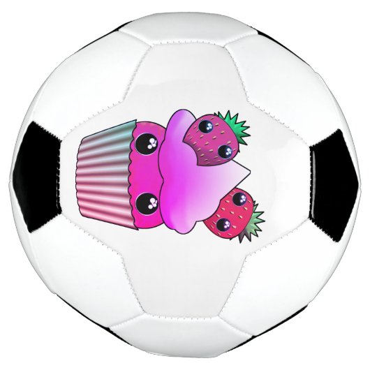 Voetbal met kawaii-aardbeiencupcake (Gedraaid)