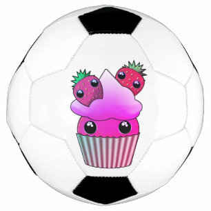 Voetbal met kawaiiaardbei cupcake