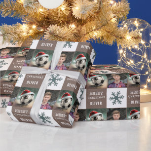 Voetbal met Kerstman Hoed Sneeuwvlok Foto Cadeaupapier