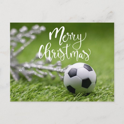 Voetbal met kerstversiering op groen feestdagenkaart (Voorkant)