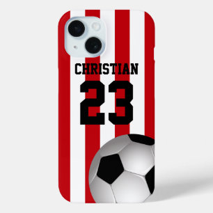 Voetbal met persoonlijke rode en witte strepen iPhone 15 case
