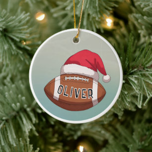 Voetbal met Rode Kerstman Hoed Naam Kerstmis Keramisch Ornament