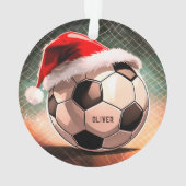 Voetbal met Rode Kerstman Hoed Naam Kerstmis Ornament (achterkant)