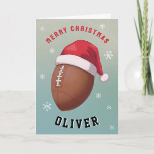 Voetbal met Rode Kerstmanhoed Naam Kerstmis Feestdagen Kaart