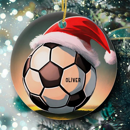 Voetbal met rode Santa Hoed Naam Kerst Keramisch Ornament