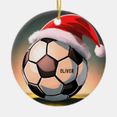 Voetbal met rode Santa Hoed Naam Kerst Keramisch Ornament (Voorkant)