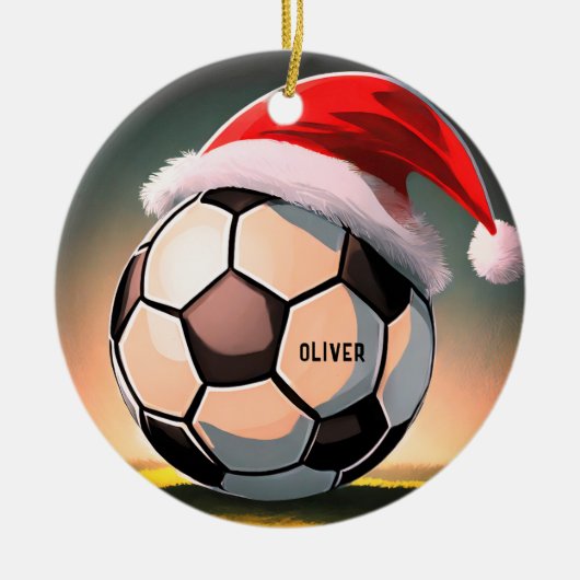 Voetbal met rode Santa Hoed Naam Kerst Keramisch Ornament (Voorkant)