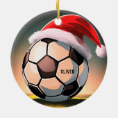 Voetbal met rode Santa Hoed Naam Kerst Keramisch Ornament (Achterkant)