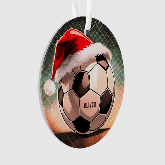 Voetbal met rode Santa Hoed Naam Kerst Ornament (voorkant)