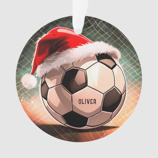 Voetbal met rode Santa Hoed Naam Kerst Ornament (voorkant)