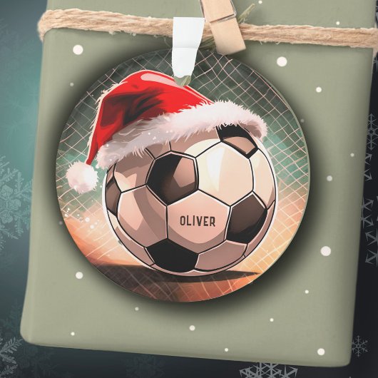 Voetbal met rode Santa Hoed Naam Kerst Ornament