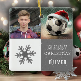 Voetbal met Santa Hat Sneeuwvlok Foto Keramisch Ornament