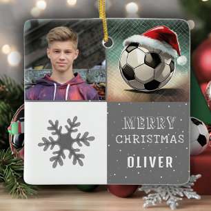 Voetbal met Santa Hat Sneeuwvlok Foto Keramisch Ornament