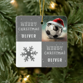 Voetbal met Santa Hat Snowflake Keramisch Ornament