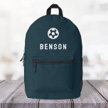 Voetbal Modern Minimal Navy Blue Football Bedrukte Rugzak<br><div class="desc">Een ontwerp op maat op een marineblauwe achtergrond met een footballs motief icoon in het wit dat gemakkelijk kan worden vervangen door het uploaden van uw eigen logo, afbeelding of motief! De gepersonaliseerde monogramnaam in witte moderne bloktypografie kan worden vervangen door uw eigen naam of aangepaste tekst. Het perfecte cadeau...</div>