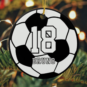 Voetbal Naam & Shirt Nummer Zwart & Wit Keramisch Ornament
