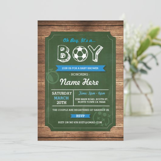 Voetbal Oh Boy Baby shower Football Uitnodigen Kaart (Staand voorkant)