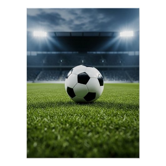 Voetbal op grasveld onder stadionlichten - perfect poster (Voorkant)