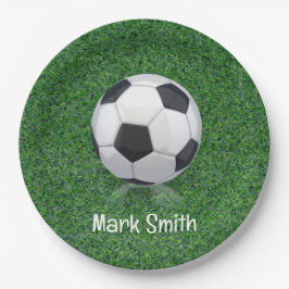 Voetbal op groengras papieren bordje