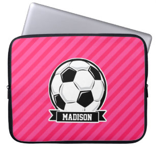 Voetbal op Neon Pink Stripes Laptop Sleeve