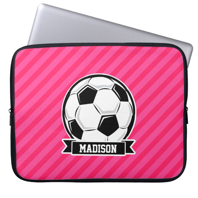 Voetbal op Neon Pink Stripes Laptop Sleeve (Voorkant)