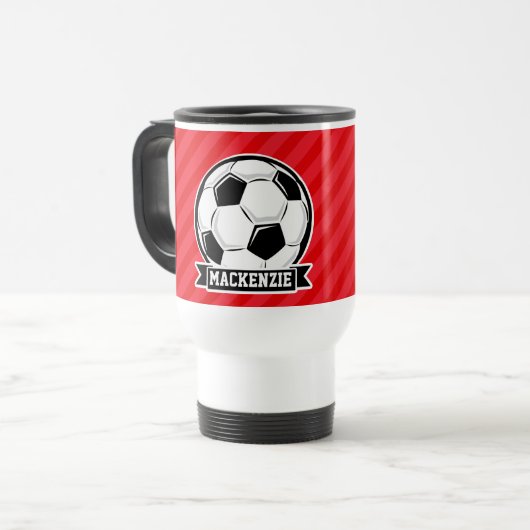 Voetbal op rode diagonale strepen reisbeker (Voorkant links)