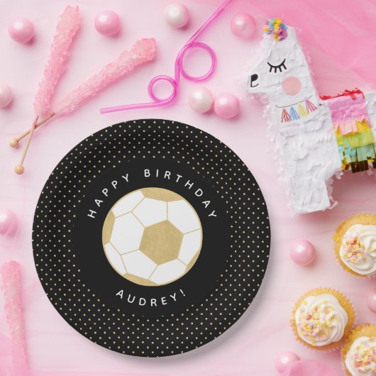 Voetbal Party Gepersonaliseerde naam Zwart Goud Papieren Bordje (Feest)