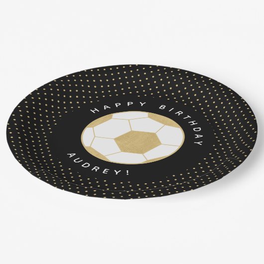 Voetbal Party Gepersonaliseerde naam Zwart Goud Papieren Bordje (Gekanteld)