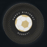 Voetbal Party Gepersonaliseerde naam Zwart Goud Papieren Bordje<br><div class="desc">Dit feestje bord met een gouden voetbal zal de voetballiefhebber (of football) in je leven verrukken. Tekst kan worden aangepast. Onderdeel van een collectie van Parcel Studios. * De gouden folie detail wordt gesimuleerd. Echte folie wordt niet gebruikt in het eindproduct.</div>