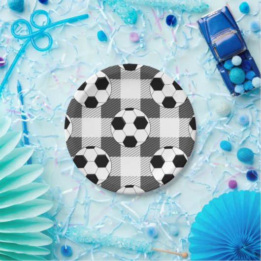 Voetbal Plaid Pattern in zwart wit en grijs Papieren Bordje (Feest)
