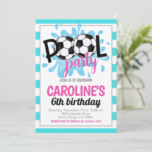 Voetbal Pool Party Verjaardag uitnodiging (Staand voorkant)