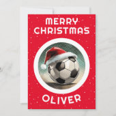 Voetbal Rode Kerstman Hoed Kerst Kind Naam Feestdagenkaart (Voorkant)
