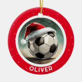 Voetbal Rode Kerstman Hoed Kerstmis Kind Naam  Keramisch Ornament (Voorkant)