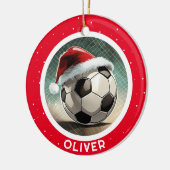 Voetbal Rode Kerstman Hoed Kerstmis Kind Naam  Keramisch Ornament (Links)