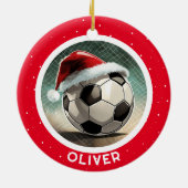 Voetbal Rode Kerstman Hoed Kerstmis Kind Naam  Keramisch Ornament (Achterkant)