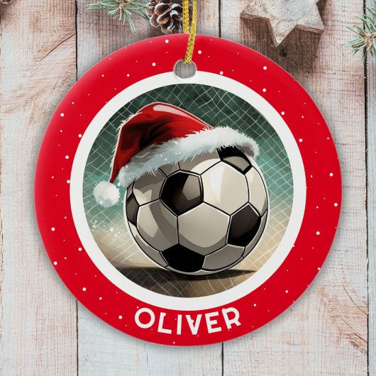 Voetbal Rode Kerstman Hoed Kerstmis Kind Naam  Keramisch Ornament
