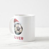 Voetbal Rode Kerstman Hoed Naam Kerstmis  Koffiemok (Voorkant links)