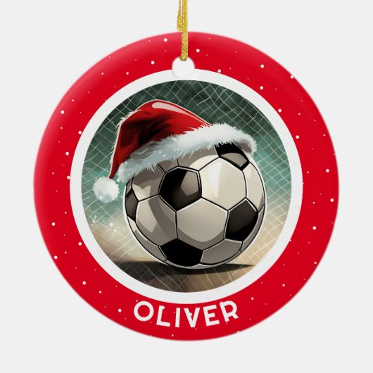 Voetbal Rode Santa Hat Christmas Kind`s Naam Keramisch Ornament (Achterkant)